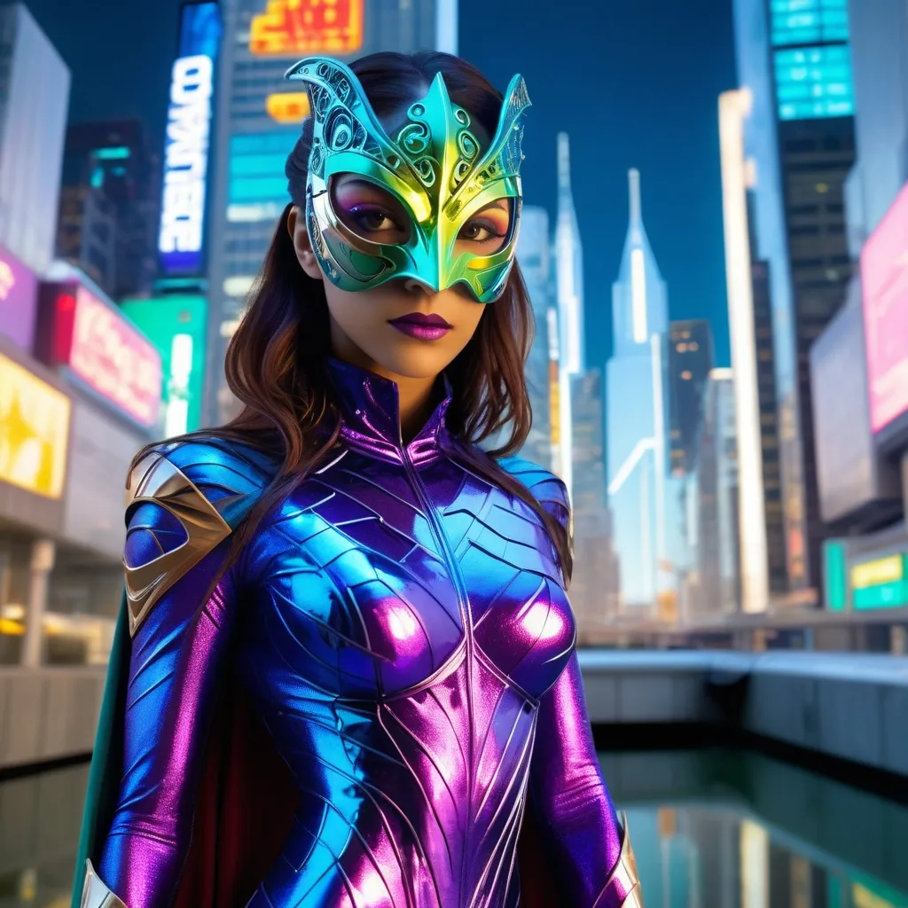 Prompt: A superheroine in a reflective, chameleon-like costume, standing in a futuristic cityscape. She wears a full-face masquerade mask with intricate carvings. The costume has a sleek, form-fitting silhouette and hidden pockets. Inspired by chameleons and mirrors.