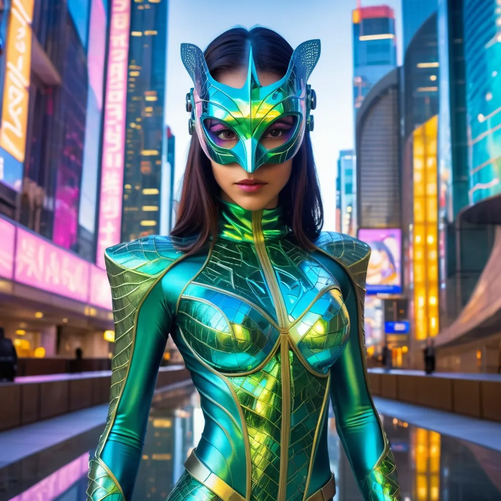 Prompt: A superheroine in a reflective, chameleon-like costume, standing in a futuristic cityscape. She wears a full-face masquerade mask with intricate carvings. The costume has a sleek, form-fitting silhouette and hidden pockets. Inspired by chameleons and mirrors.