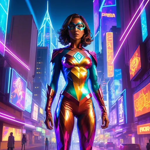 Prompt: A superheroine named Prisma in a costume that shifts and changes color based on her mood or the powers she's mimicking. She wears a prism-shaped pendant. The costume is sleek, form-fitting, and has a futuristic aesthetic. She stands in a futuristic cityscape, surrounded by holographic projections and neon lights.