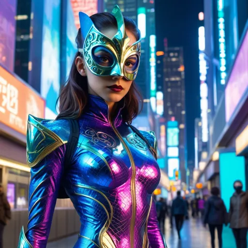 Prompt: A superheroine in a reflective, chameleon-like costume, standing in a futuristic cityscape. She wears a full-face masquerade mask with intricate carvings. The costume has a sleek, form-fitting silhouette and hidden pockets. Inspired by chameleons and mirrors.