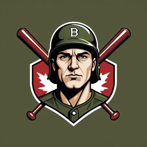 Prompt: A stylized team logo that is a play on words for a baseball team named "Inglorious Batters". The logo should incorporate a fierce looking World War 2 American soldier who is dressed in a baseball uniform with an American Army helmet and 2 baseball bats crossed behind him. The color scheme should be a mix of green, yellow and black. Incorporate a maple leaf.