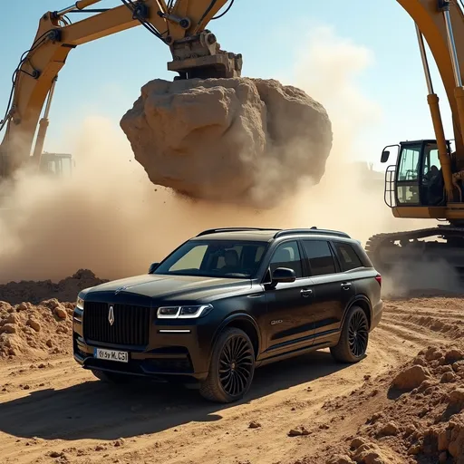 Prompt: Amidst a rugged construction site, a sleek black luxury SUV stands prominently on a sandy terrain, radiating sophistication against the backdrop of heavy machinery. Towering above it, a large rock is poised to be dropped by an excavator, with dust and debris billowing around, creating a dramatic and explosive atmosphere. The scene is illuminated by a bright light source, accentuating the SUV’s polished exterior and emphasizing the stark contrast between luxury and brute strength. Shadows from the machinery create dynamic lines, while the overall composition captures a moment of tension, blending elegance with raw power, evoking a sense of adventure and boldness.