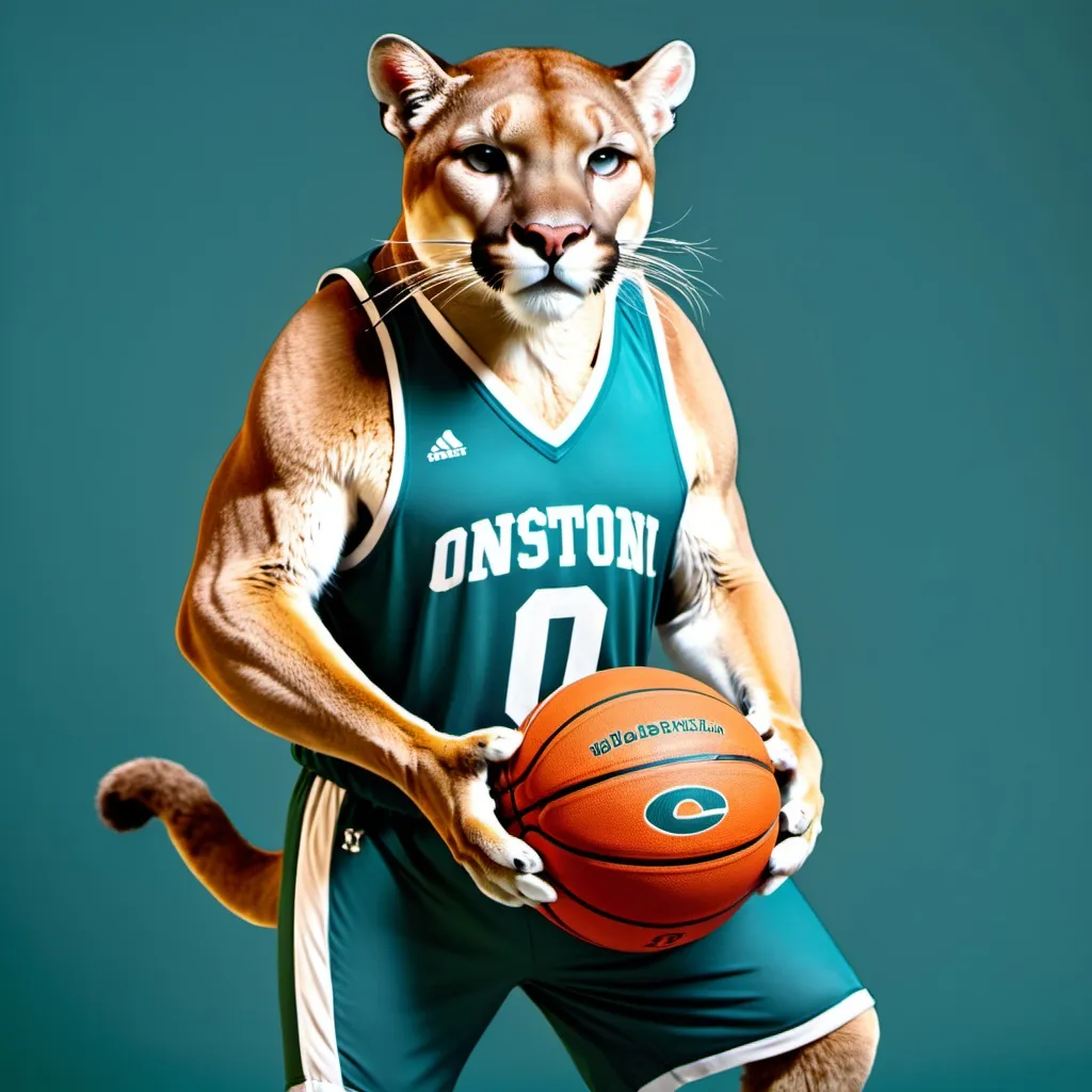 Prompt: big mountain lion in a teal and white basketball jersey number 0 with a ball in his hand