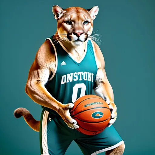 Prompt: big mountain lion in a teal and white basketball jersey number 0 with a ball in his hand