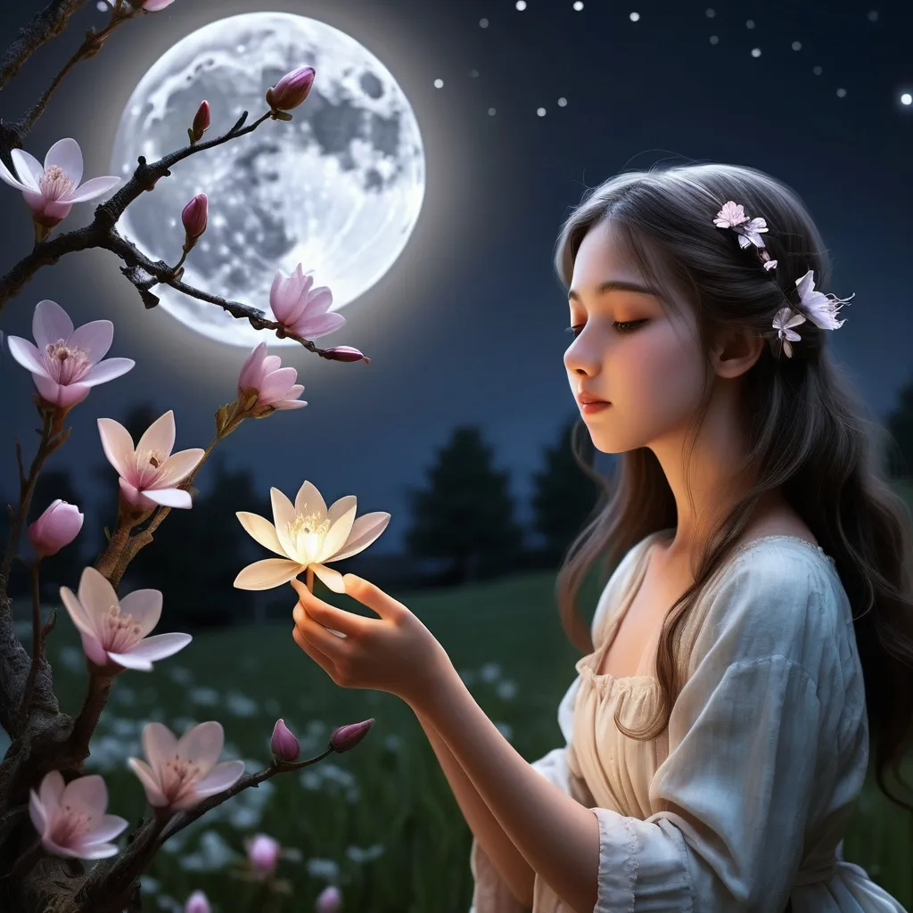 Prompt: Once, in a small village, there bloomed a rare flower known as the Night Blossom. It only opened under the light of the full moon, releasing a fragrance so enchanting that it drew in all who caught a whiff. Legend had it that anyone who found the flower could make one wish.And she found the flower and decided to make the wish to see if it’s true so her wish is to fell in love with the beautiful rich boy