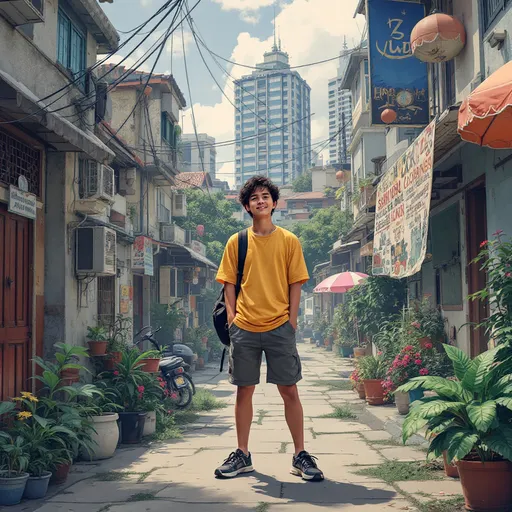 Prompt: Philippines Quezon City ancestral home urban city environment.  name of Jun. Generate a journey for Jun and their search for transnational college admission. Superpower of making friendships especially music. Generate a full body image of my character and include details like clothing, tools, environment, emotion, and vibe. 