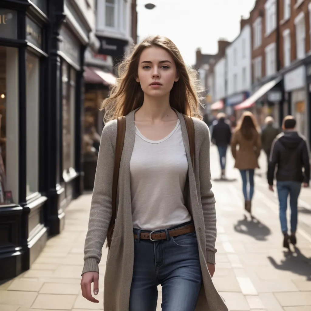 Prompt: Tall young woman walking down the high street, detailed clothing, realistic, natural lighting