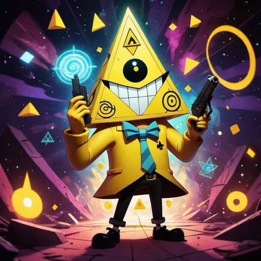 Prompt: (Bill Cipher from Gravity Falls), (dynamic pose), gripping a gun, mischievous expression, geometric shapes and symbols illuminated, vibrant color palette, chaotic background with swirling galaxies, playful yet menacing ambiance, high contrast lighting, ultra-detailed, cartoon style, 4K quality, full of energy and intrigue.
