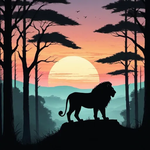 Prompt: "The forest at sunset, with a silhouette of the lion standing on a hill, looking over his kingdom."