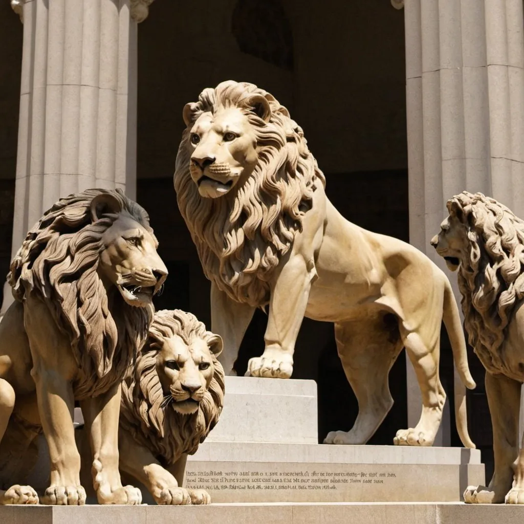 Prompt: "Animals looking at a statue of the lion, remembering his great deeds."