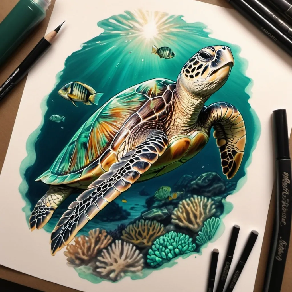 Prompt: Realistic sea turtle tattoo sketch, emerald and gold colors, top view, subdued corals, swimming reef fish, high quality, realistic, detailed, traditional tattoo style, top-down perspective, emerald and gold tones, subdued coral, swimming reef fish, professional lighting