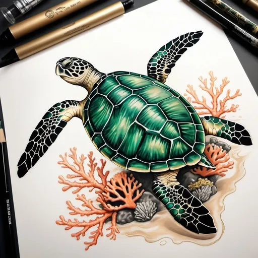 Prompt: Realistic sea turtle tattoo sketch, emerald and gold colors, top view, subdued corals, swimming reef fish, high quality, realistic, detailed, traditional tattoo style, top-down perspective, emerald and gold tones, subdued coral, swimming reef fish, professional lighting