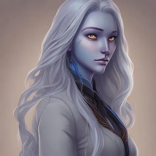 Prompt: Blue skinned aasimar woman with long white hair wearing business casual clothes