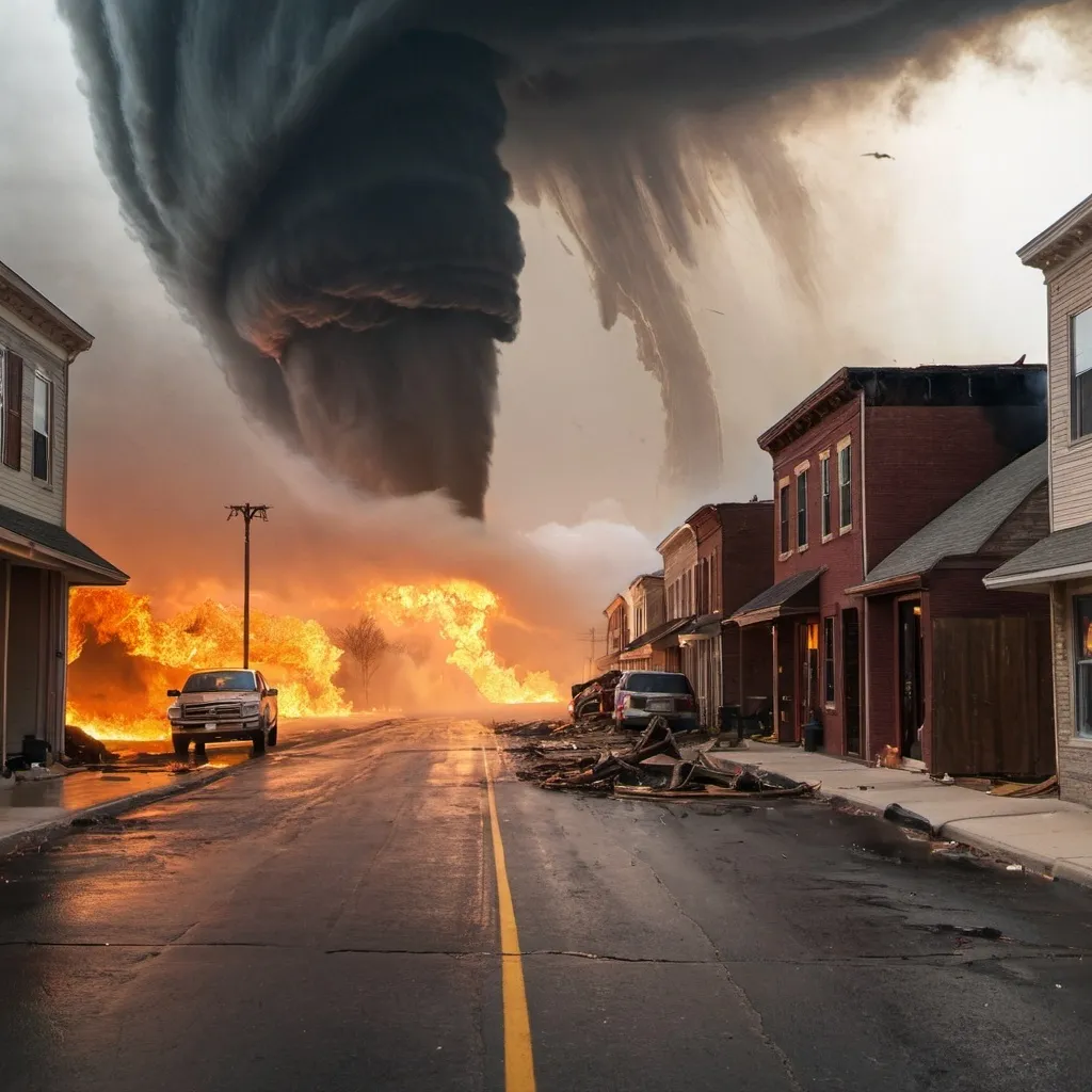 Prompt: tornado and fire in a street