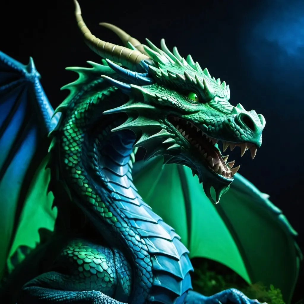 Prompt: dragon in green and blue dramatic light and hunder