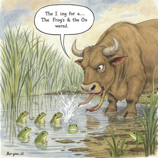 Prompt: The Frogs & the Ox

An Ox came down to a reedy pool to drink. As he splashed heavily into the water, he crushed a young Frog into the mud.

The old Frog soon missed the little one and asked his brothers and sisters what had become of him.

"A great big monster," said one of them, "stepped on little brother with one of his huge feet!"

"Big, was he!" said the old Frog, puffing herself up. "Was he as big as this?"

"Oh, much bigger!" they cried.

The Frog puffed up still more.


"He could not have been bigger than this," she said. But the little Frogs all declared that the monster was much, much bigger and the old Frog kept puffing herself out more and more until, all at once, she burst.

Do not attempt the impossible.

