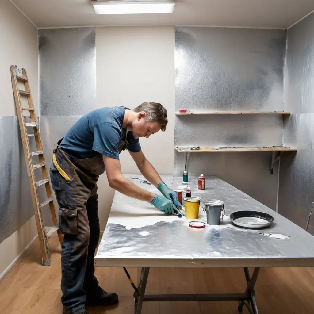 Prompt: a painter works at wallpapering table. The table is made of metal and aluminium. the painter works in a shell of a house. He uses a large paintbrush and works over a large area. he uses a large paintbrush and works over a large area. There are paint buckets and other brushes on the table

