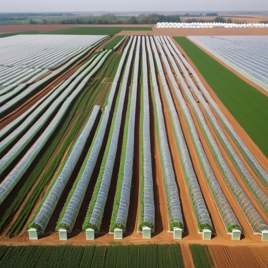 Prompt: agriculture field with 100 greenhouses in raws. you see only greenhouses until the horizon
