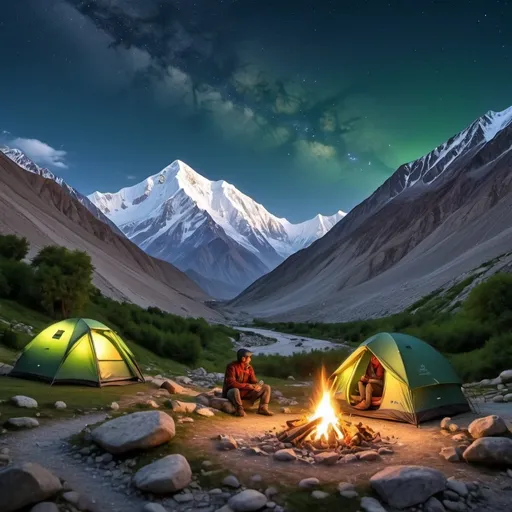 Prompt: utopian (camping scene), breathtaking view of Mount Rakaposhi, crystal-clear starry night sky, soft campfire glow, vibrant green tents, serene ambiance, rugged mountain landscape, high-altitude flora, cozy setup, gathering around a warm fire, ultra-detailed, HD, inviting atmosphere, tranquil adventure, picturesque campsite, nature's embrace.