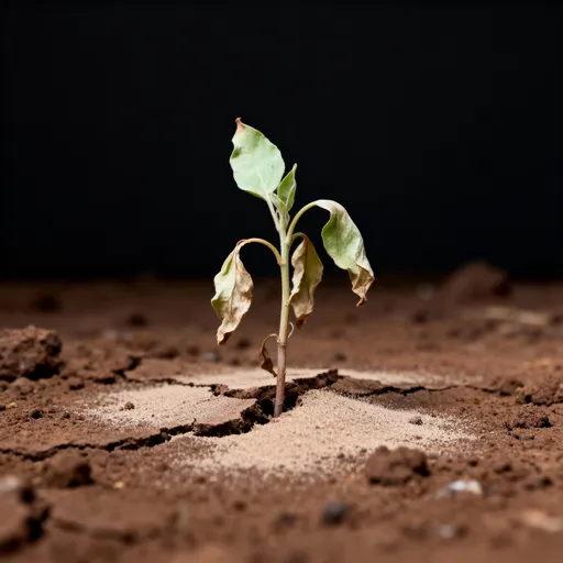 Prompt: a plant growing in darkness and dry soil
