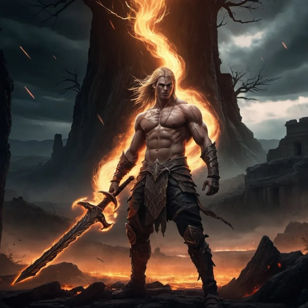 Prompt: Create an image of a warrior in the world of Elden Ring. The warrior is wearing only his shorts . He is holding a flaming sword that blazes with intense fire, illuminating the area around him. The setting is a desolate, mystical landscape within the Elden Ring universe, featuring twisted, ancient trees and ruins with an eerie glow. The sky is dark and stormy, with flashes of lightning illuminating the ominous environment