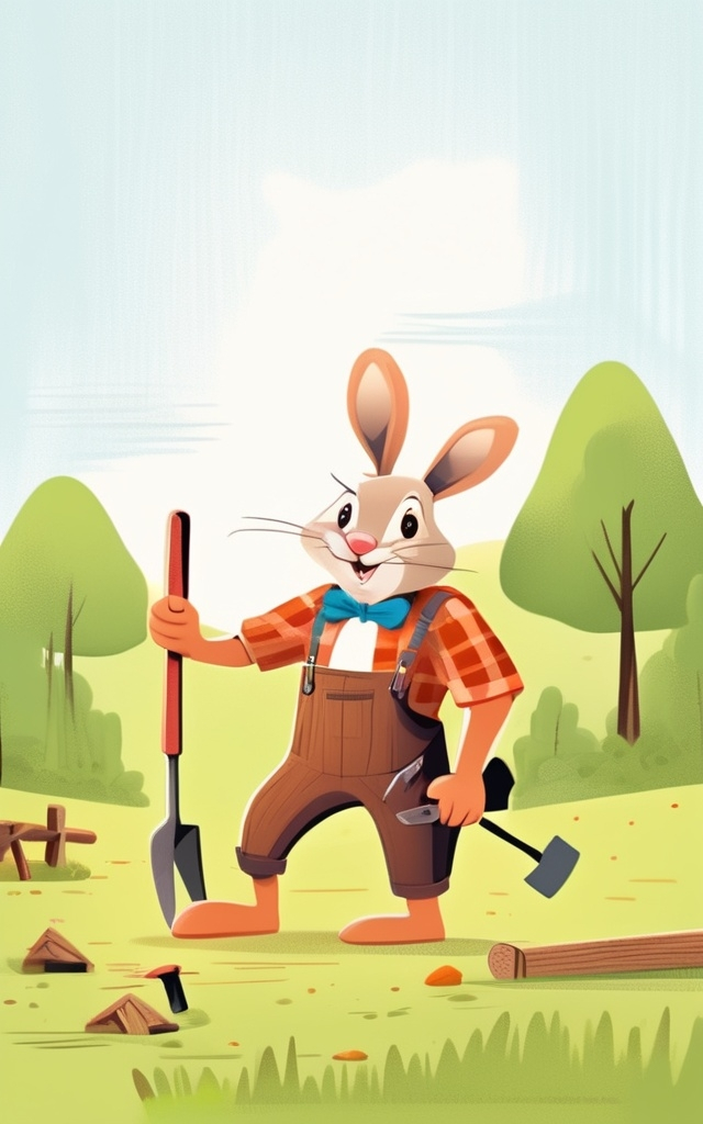 Prompt: illustration character design, cartoonish whimsical style. 
Rabbit the Carpenter
 Wears suspenders, carries tools (saw, hammer, measuring tape)
Lives in a wooden cottage in the forest, near a small lake
Cheerful, hardworking, helpful, generous
Make four variations one sitting one standing one dancing one cooking
