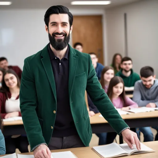 Prompt: Young English professor in formal dark green jacket. Tall and muscular. Black hair with beard. Celebrating with his adult students in class. The students are around him with love and admiration.