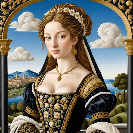 Prompt: In the style of Botticelli Primavera, a beautiful shapely young woman, a 16th century black and gold gown with  elaborate ornamental embroidery, 16th century brunette hairstyle, background with 16th century Italian landscape and blue sky with  white clouds, highly detailed

