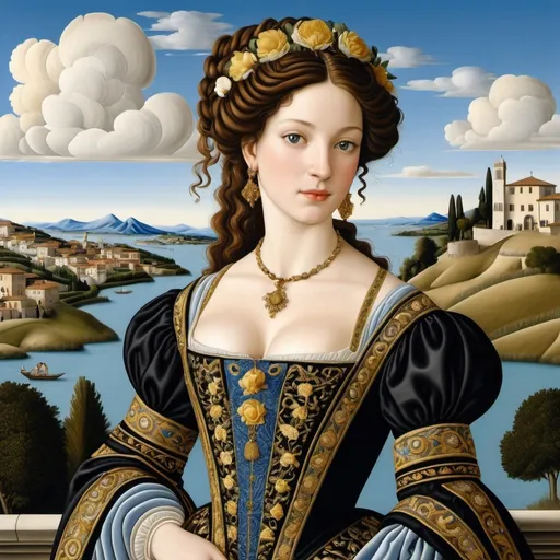 Prompt: In the style of Botticelli Primavera, a beautiful shapely young woman, a 16th century black and gold gown with  elaborate ornamental embroidery, 16th century brunette hairstyle, background with 16th century Italian landscape and blue sky with  white clouds, highly detailed
