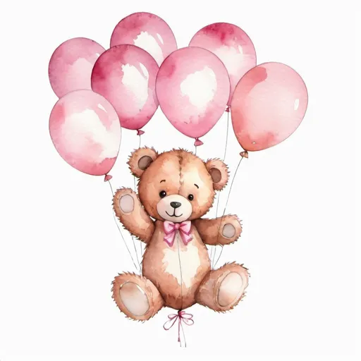 Prompt: watercolor clipart cute nursery teddy bear floating from a pack of pink balloons, suitable for commercial use, isolated on a white background