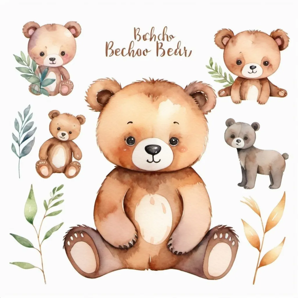 Prompt: watercolor clipart cute nursery animels bear  bocho  suitable for commercial use, isolated on a white background