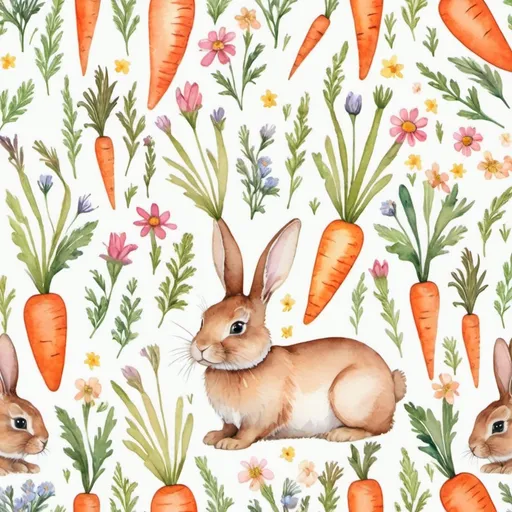 Prompt: a bunny with carrots and flowers in a field watercolour pattern