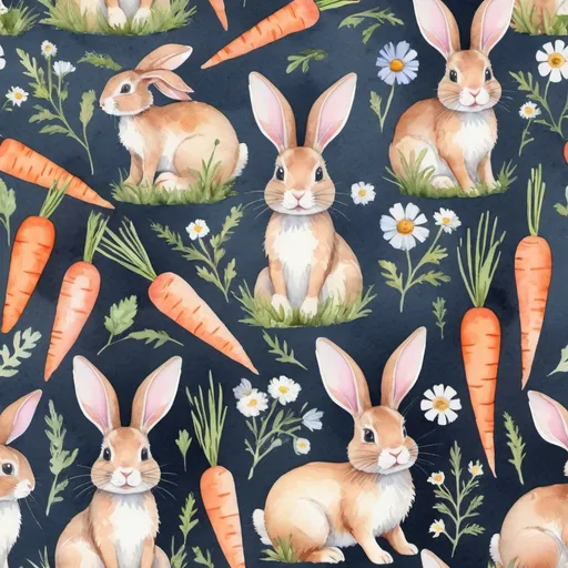 Prompt: a bunny with carrots and flowers in a field watercolour pattern