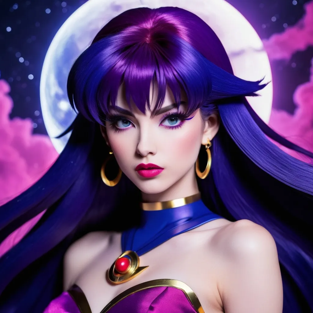 Prompt: Sailor Saturn from sailor moon
, magenta hair swirling wildly,
, with blue demonic aura around her, pouty lips,  cold void eyes, casting a spell,,