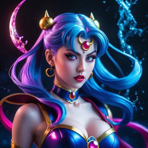 Prompt: Dark lady from sailor moon
, magenta hair swirling wildly,
, with blue demonic aura around her, puckered pouty lips, casting a spell,, detailed background,,  perfect woman, glowing vividly, detailed eyes, clear eyes, Splash art, front, epic Instagram, very detailed face, hyperdetailed, hold a scythe, full body visible, 3d