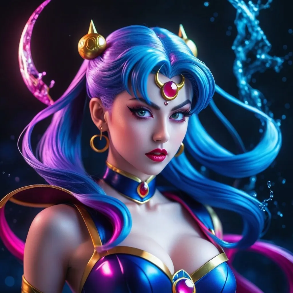 Prompt: Dark lady from sailor moon
, magenta hair swirling wildly,
, with blue demonic aura around her, puckered pouty lips, casting a spell,, detailed background,,  perfect woman, glowing vividly, detailed eyes, clear eyes, Splash art, front, epic Instagram, very detailed face, hyperdetailed, hold a scythe, full body visible, 3d