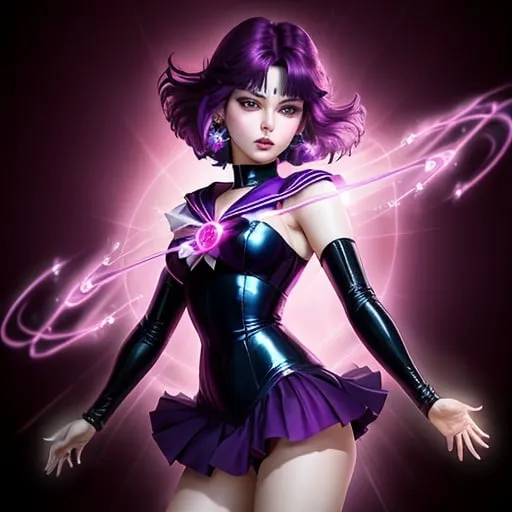 Prompt: Animated, Sailor Saturn from sailor moon
, magenta hair swirling wildly,
, with blue demonic aura around her, pouty lips,  cold void eyes, casting a spell,,