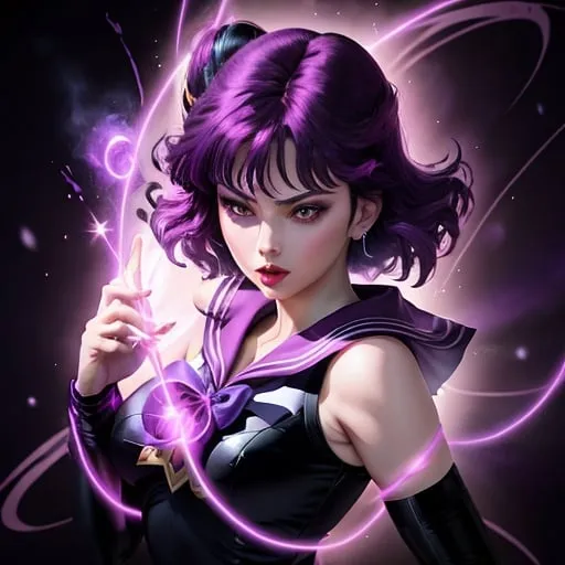 Prompt: Animated, Sailor Saturn from sailor moon
, magenta hair swirling wildly,
, with blue demonic aura around her, pouty lips,  cold void eyes, casting a spell,,