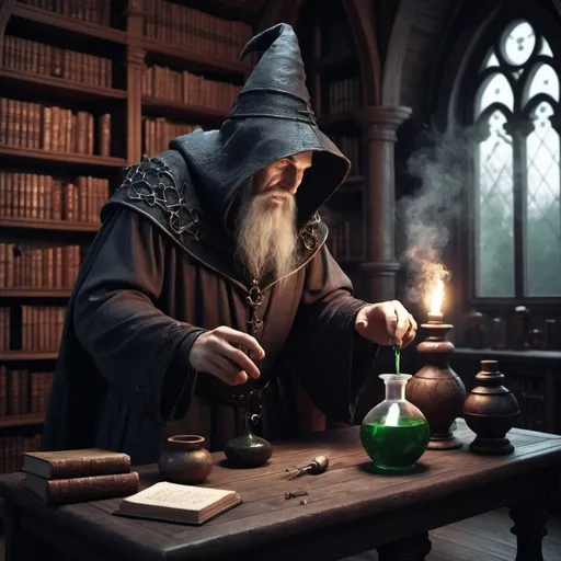 Prompt: A dark wizard in the library making a poison. Medieval style, 3d