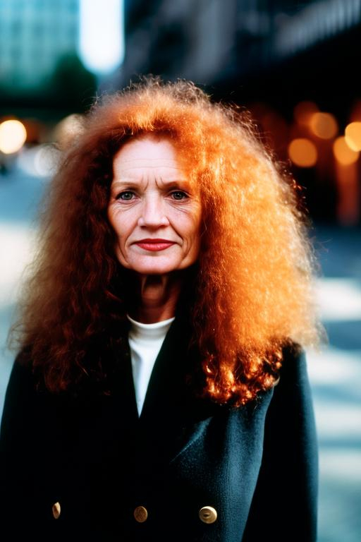 Prompt: a candid photo of a 50 year old Caucasian woman with frizzy red hair, street photography, city street, medium format camera, 100mm lens