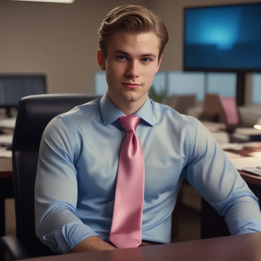 Prompt: Detailed matte painting. Medium shot. Young white American man with a smirk, wearing a brown satin tie, blue tight shirt, tight pants, and a pink waist strap, sitting at an office table. Close up. Unrealistic colors and fantastical atmosphere. Soft focus on the subject's face, sharp lines on the office table. Deep blues and warm golden lighting, with splashes of bright pink and brown. Highly detailed textures and intricate patterns on the clothing and furniture. 8k resolution, Artstation trending, Unreal Engine 5 style, fantasy concept art, epic proportions, mighty, bold, heroic, majestic, dramatic lighting, precise composition, striking pose.