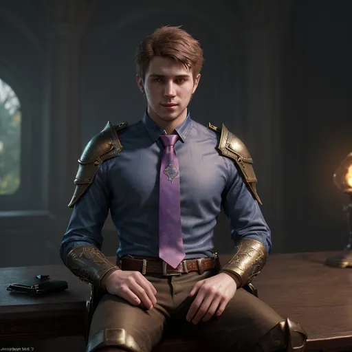 Prompt: Hyper-realistic digital portrait. Medium shot. A 22-year-old white American man with a smirk, sitting at an office table, wearing a brown satin tie, blue tight shirt, and tight pants with a pink waist strap. Detailed matte painting. Vibrant, deep colors with intricate, fantastical details. Complementary colors and subtle lighting effects. Inspired by Unreal Engine 5 and trending fantasy concept art on Artstation. Highly detailed, 8k resolution. Best quality. Masterpiece. Incredible textures. Shallow depth of field. Subtle lens flare. Trending on Artstation. 8k fantasy art. Unreal Engine 5 style. Matte painting mastery. Fantasy concept art.