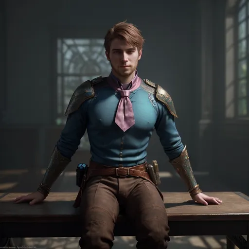 Prompt: Hyper-realistic digital portrait. Medium shot. A 22-year-old white American man with a smirk, sitting at an office table, wearing a brown satin tie, blue tight shirt, and tight pants with a pink waist strap. Detailed matte painting. Vibrant, deep colors with intricate, fantastical details. Complementary colors and subtle lighting effects. Inspired by Unreal Engine 5 and trending fantasy concept art on Artstation. Highly detailed, 8k resolution. Best quality. Masterpiece. Incredible textures. Shallow depth of field. Subtle lens flare. Trending on Artstation. 8k fantasy art. Unreal Engine 5 style. Matte painting mastery. Fantasy concept art.