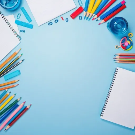 Prompt: School supplies and copy paper inktoner on topview light blue background effect