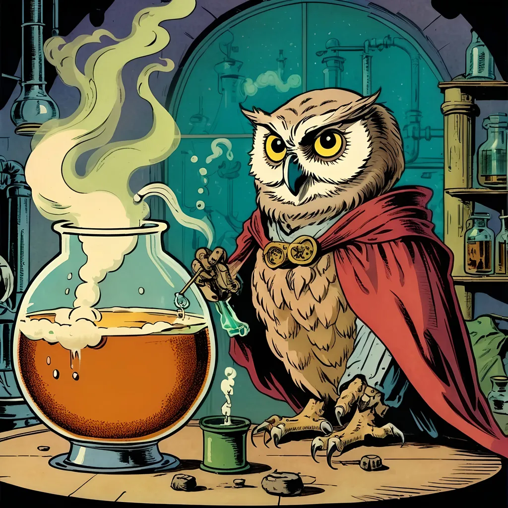 Prompt: a Alchemist Brewing opium, in the style of Greg Scott, 1940s vintage comic, faded colors, a mysterious owl in the background