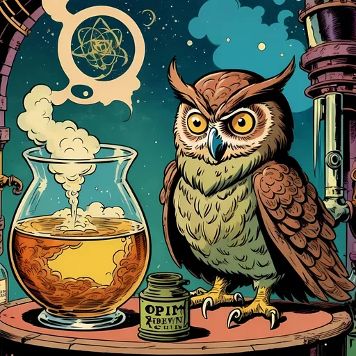 Prompt: a mysterious owl next to a Alchemist Brewing opium, in the style of Jack Kirby and Greg Scott , 1940s vintage comic, faded colors