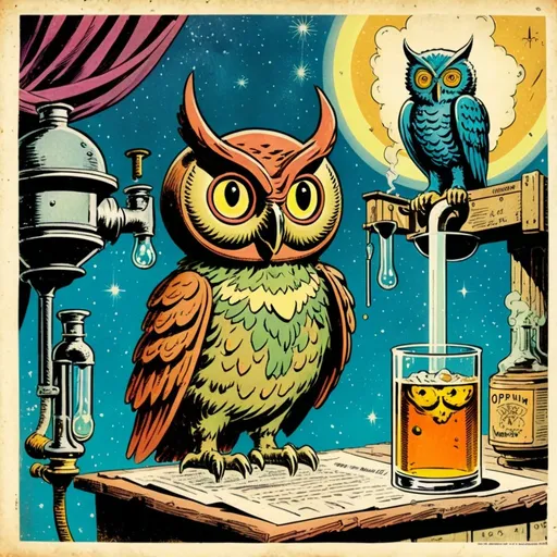 Prompt: a mysterious owl next to a Alchemist Brewing opium, in the style of Jack Kirby and Wally Wood, 1940s vintage comic, faded colors