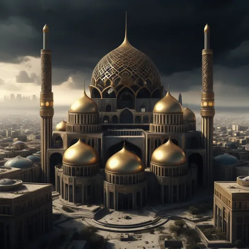 Prompt: A picture of a city where the architecture of the buildings is a combination of totalitarian and Iranian architecture.
