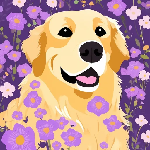 Prompt: a golden retriever with purple flowers. Text saying “in my golden retriever era”

