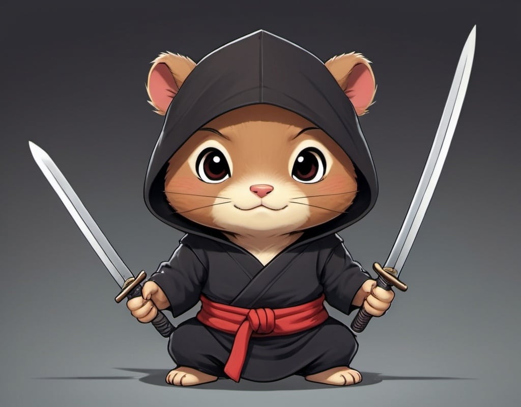 Prompt: Character Name: Takeshi Pazu

A cute gopher ninja wearing a black ninja outfit, with a red belt, hood, either carrying two or has swords tied to his back . He has large expressive eyes, small ears, and a happy expression.

Generate an image of Takeshi Pazu, in his black ninja outfit with a red belt, hood, and swords, sitting cross-legged and counting a pile of gold coins. Background: a treasure room.

Swords are on the floor beside him as he counts money.
